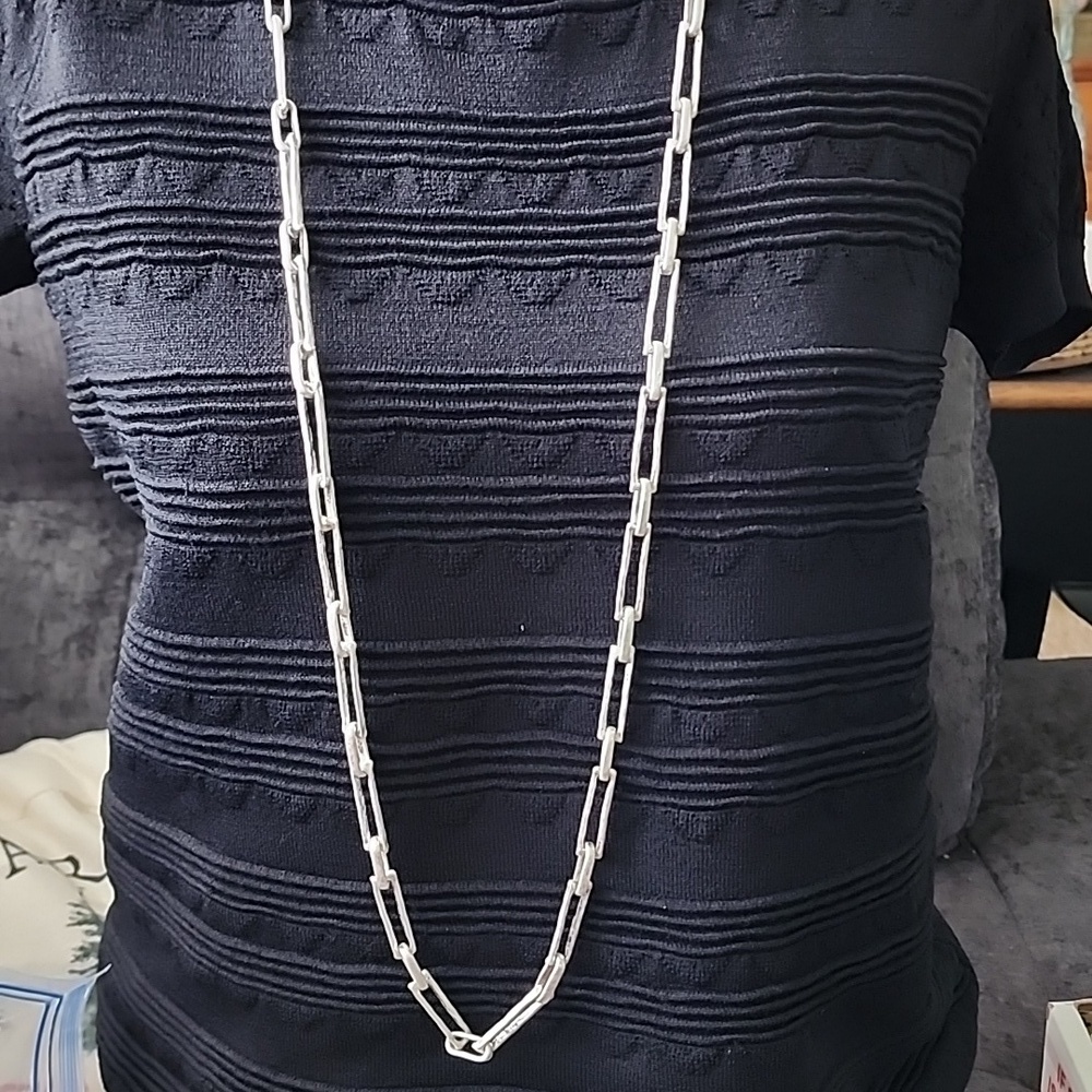 White Wash Enamel Paperclip Style Necklace Extra Long 40 Inches